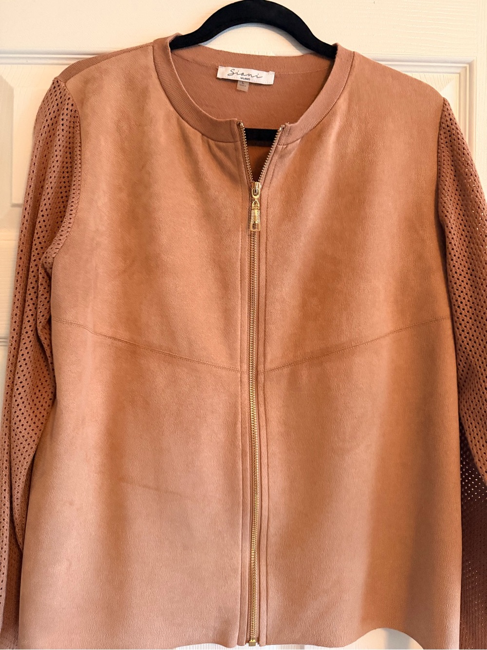 Sioni Tan Perforated-Sleeve Leather Sweater jacket